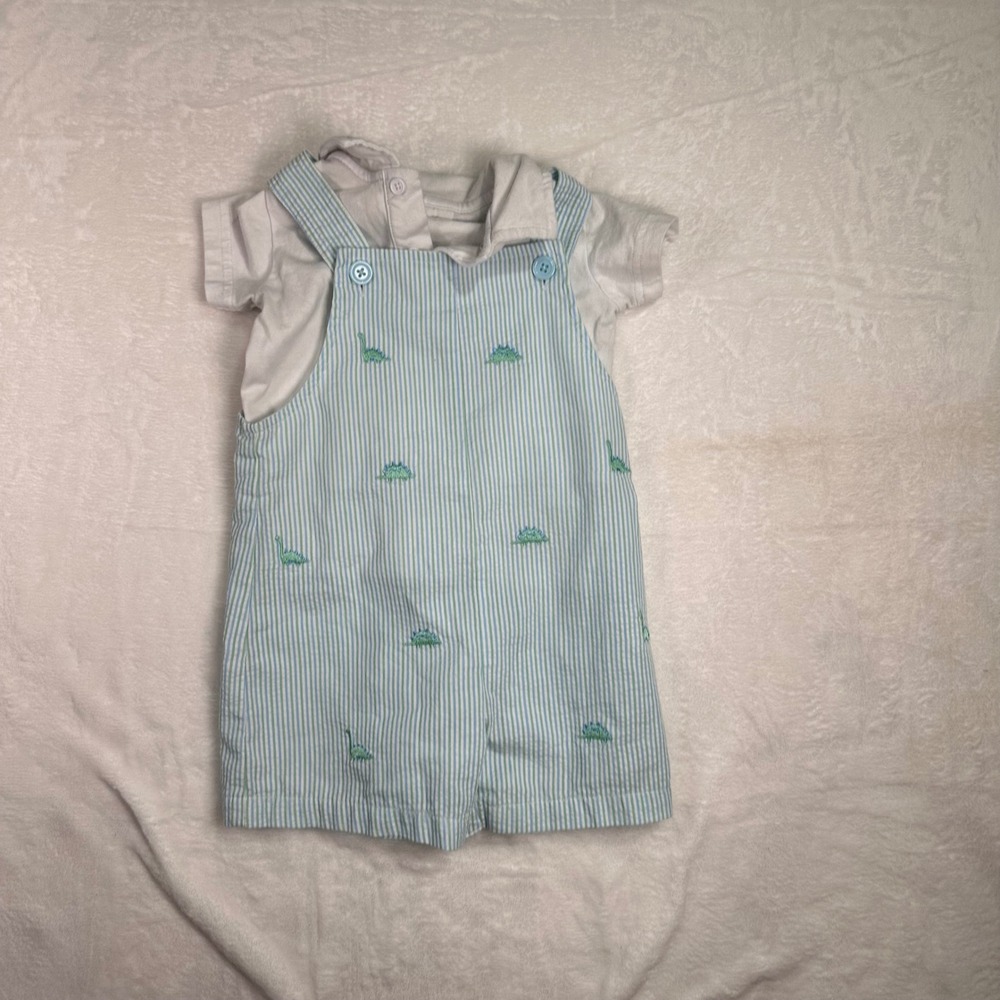 Starting Out Dinosaur Seersucker Shortall Set 18M Blue White Striped Baby Boy